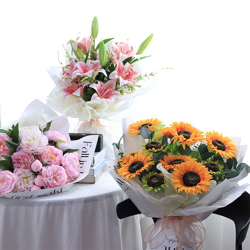 人造花 仿真植物 模擬樹 模擬綠植 模擬擺飾 檔模擬向日葵百合牡丹手工編織花束成品花瓶擺設手捧花假花裝飾137S 快速出貨