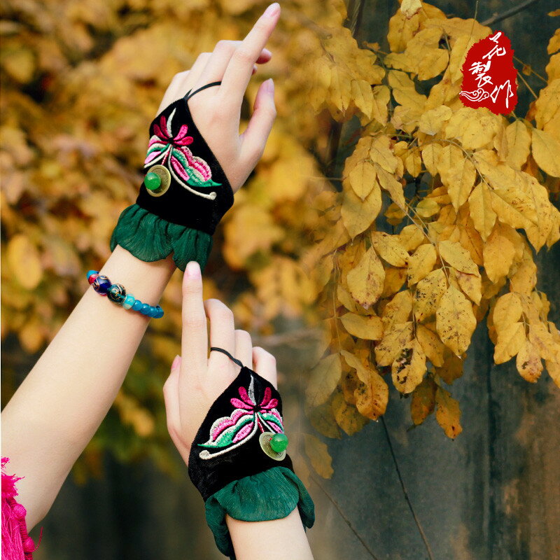 中國風復古民族風刺繡花手套楊麗萍同款護腕半指手套女飾品套袖女