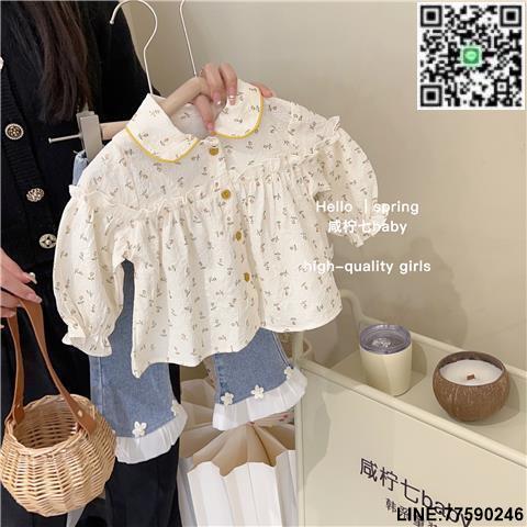 【歡樂購】女童春秋套裝2023新款寶寶碎花襯衫韓國兒童裝穿搭春季牛仔喇叭褲好評現貨