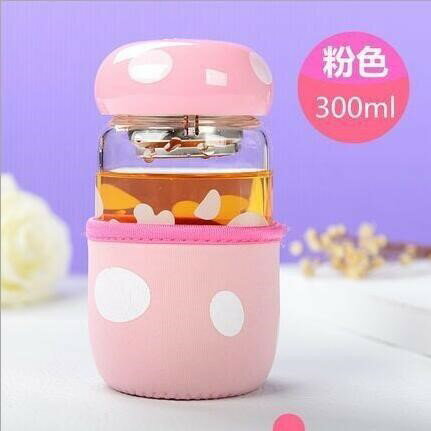 創意蘑菇頭雙層隔熱玻璃杯帶蓋小巧迷你女士可愛水瓶便攜學生杯子