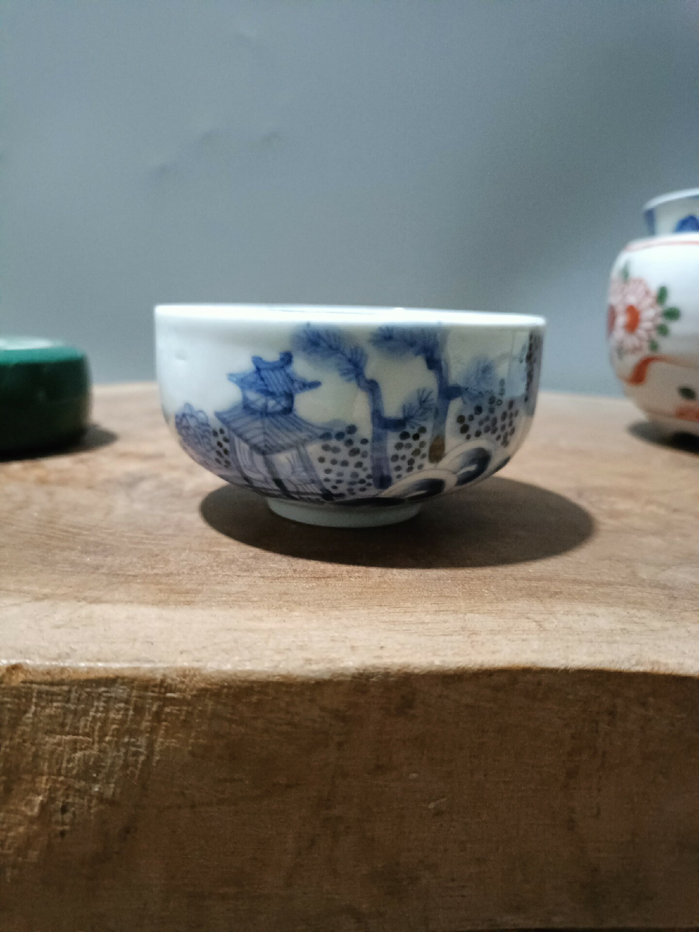 日本迴流瓷器古董大正昭和早期老青花山水茶碗，畫工發色漂亮，全