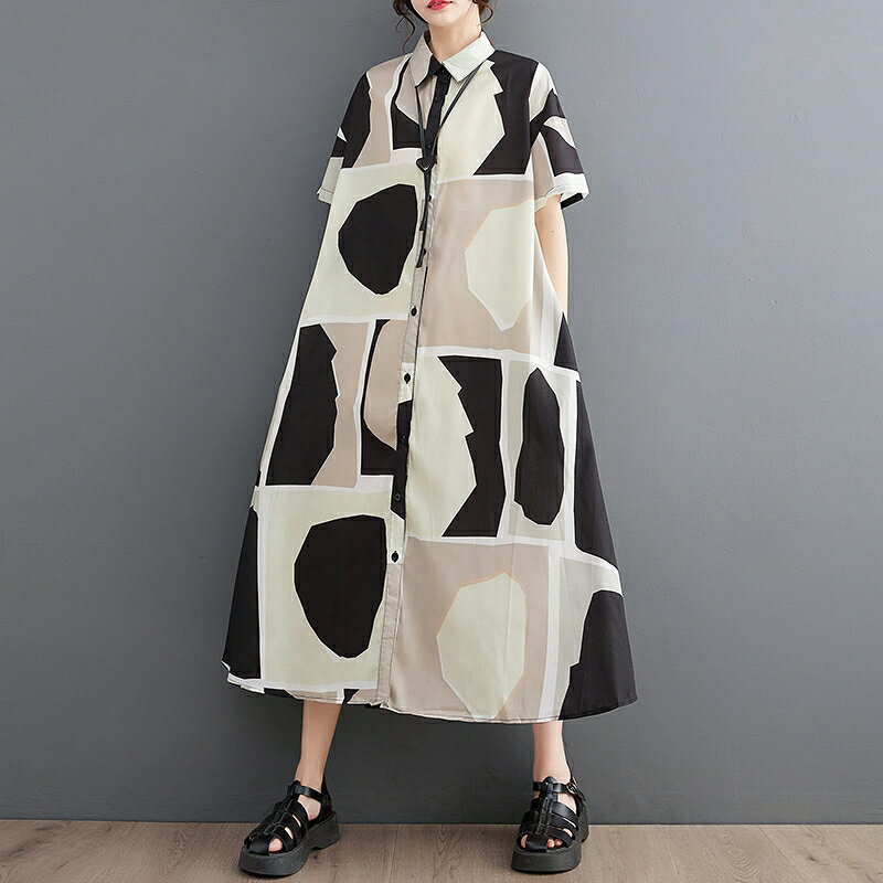 現貨+預購 洋裝短袖連身裙-文藝抽象派色塊傘裙女裙子2色74dy39【獨家進口】【米蘭精品】