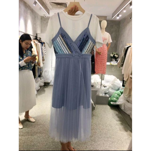 正韓韓國 女裝 白色寬鬆長版上衣+細肩帶網紗吊帶裙2件式 CICIGO現貨 休閒亮片網紗吊帶連衣裙+寬鬆T恤裙兩件套 1