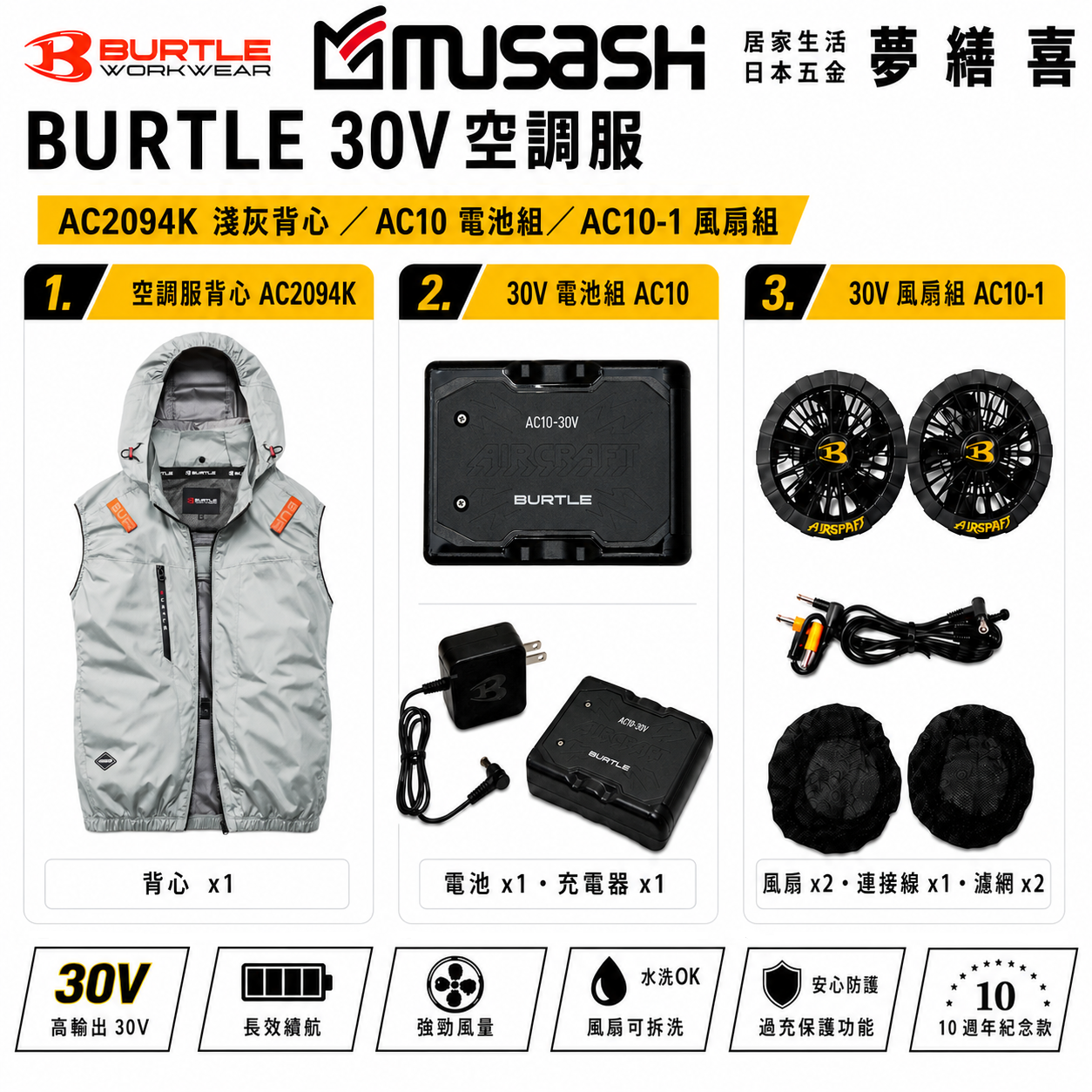 BURTLE 空調服背心 淺灰 AC2094K-60 側邊風扇 套裝組 AC10 30V電池 30V風扇 巴特雷 作業服 戶外 降溫 露營 爬山 施工 工程作業 通風衣