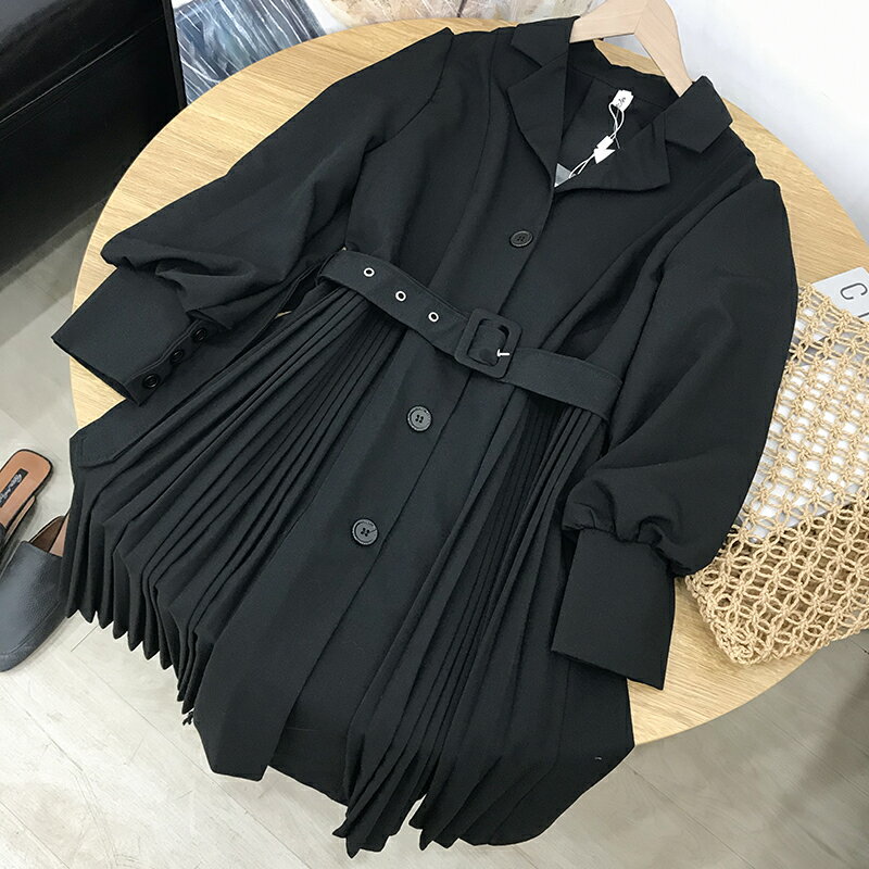 泡泡袖連衣裙女秋復古裙西裝百褶中長款收腰顯瘦風衣氣質 LL1入