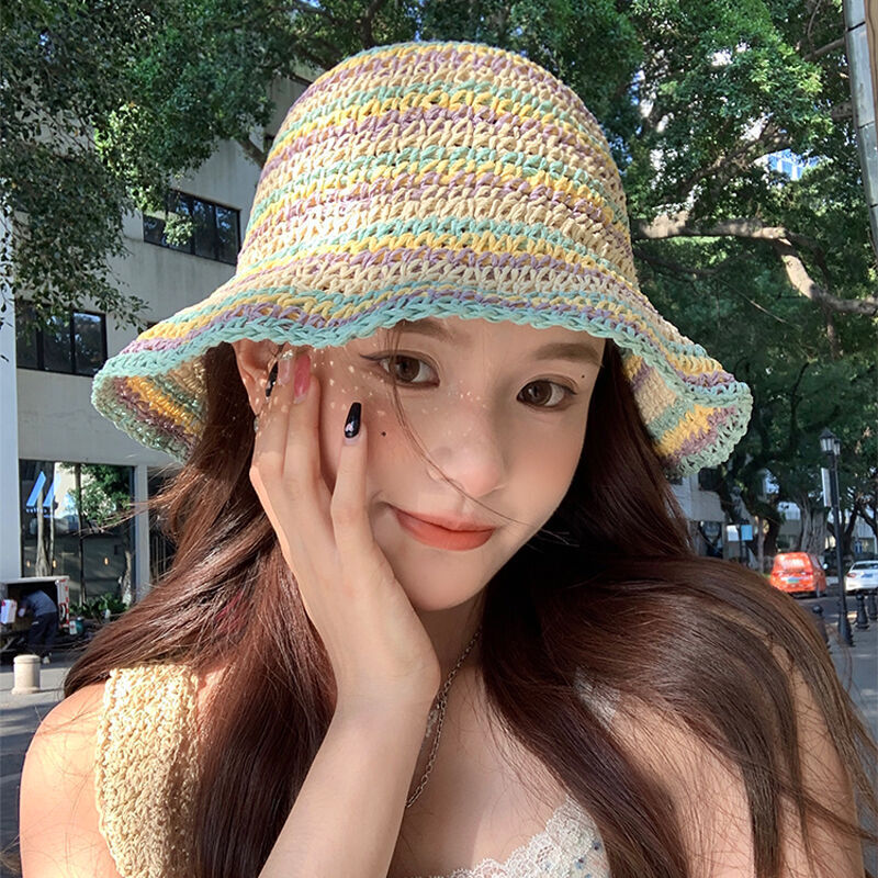 草編漁夫帽女夏季ins透氣顯臉小水桶帽大帽簷遮陽防曬海邊草帽子