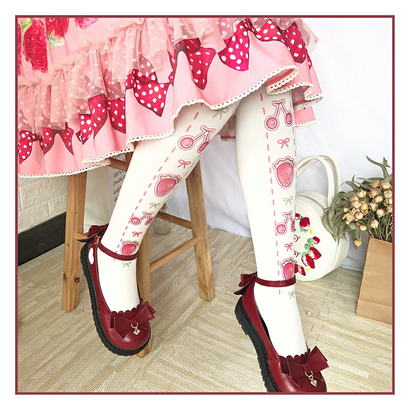 櫻桃草莓味Lolita襪子女秋連體印花天鵝絨120D連褲襪甜系洛麗塔夏