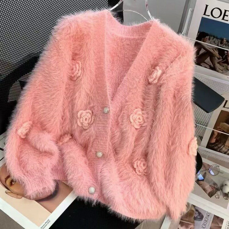 【巴黎精品】現貨+預購 針織外套長袖毛衣-立體花朵軟糯寬鬆女外套2色m1ab60