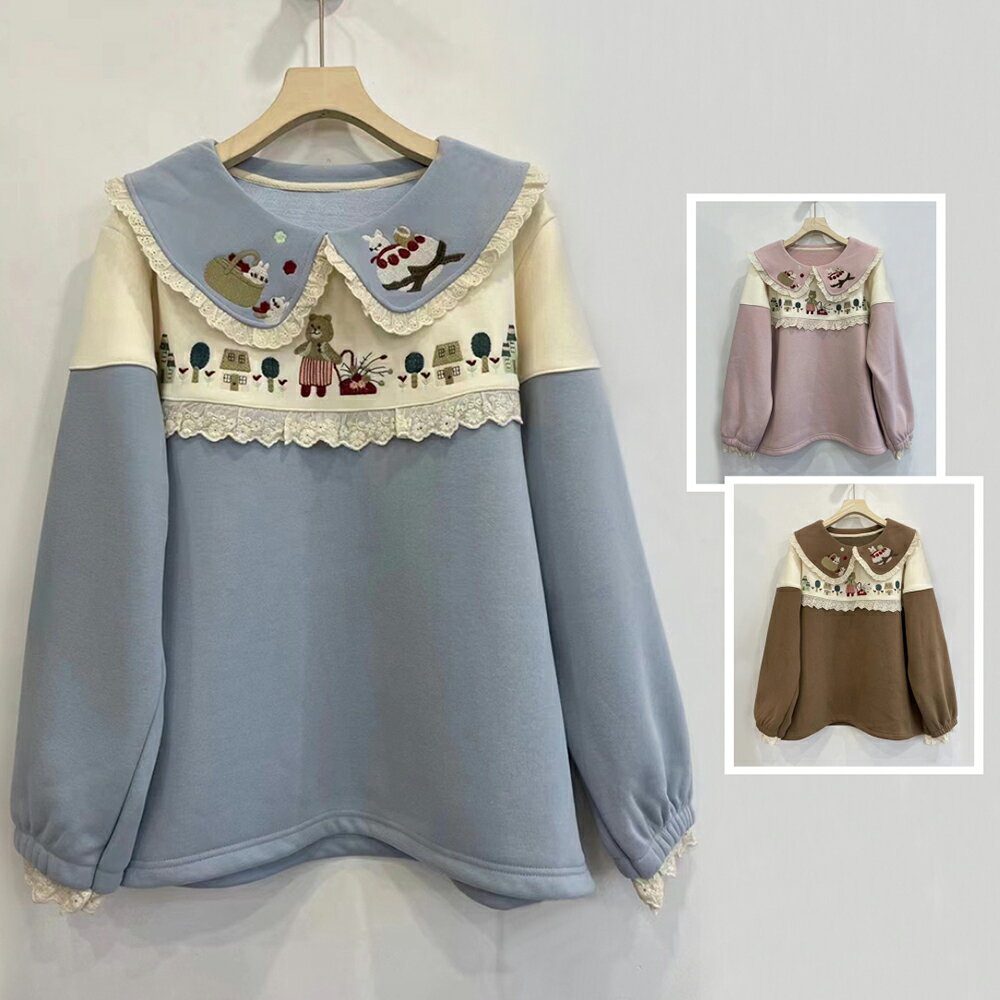 ＊ORead＊日系刺繡娃娃領拼蕾絲加絨衛衣(3色F碼)【限定加碼✿全館滿額再折】