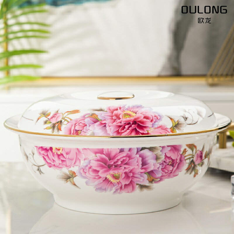 江西景德鎮陶瓷碗家用玫瑰花碗大碼湯碗帶蓋湯盆餐具特大號大的碗