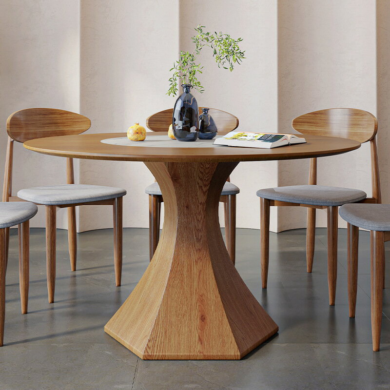 北歐詫寂風設計師餐桌椅組合現代簡約實木餐桌帶嵌入式轉盤家用桌