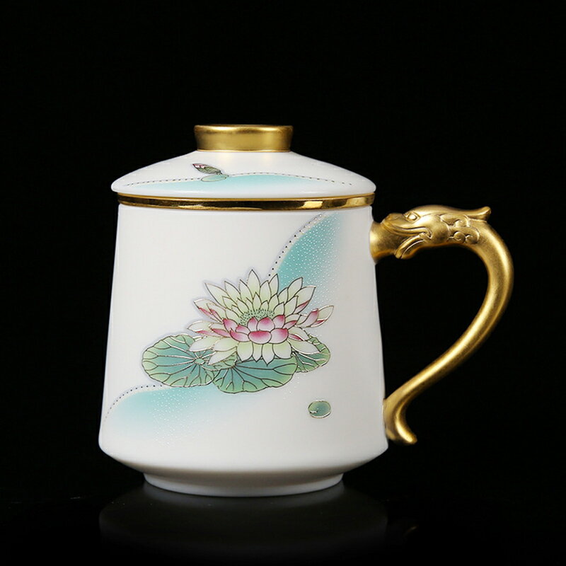 中式陶瓷杯子白瓷茶杯帶蓋帶過濾馬克杯辦公室水杯個人杯文創禮品