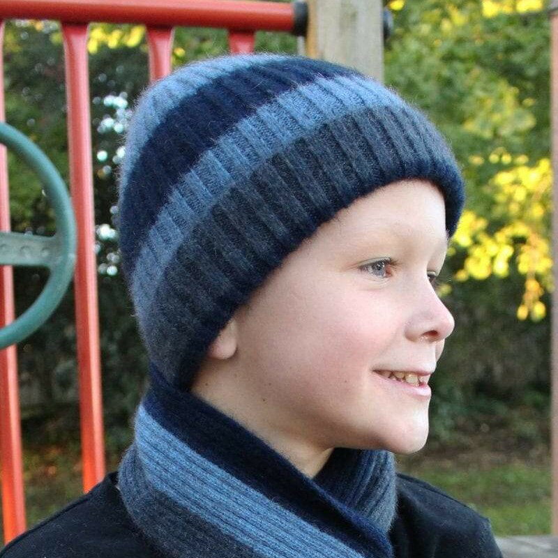 【兒童款】紐西蘭貂毛羊毛帽*多彩條紋_丹寧水藍深藍 保暖 冬季