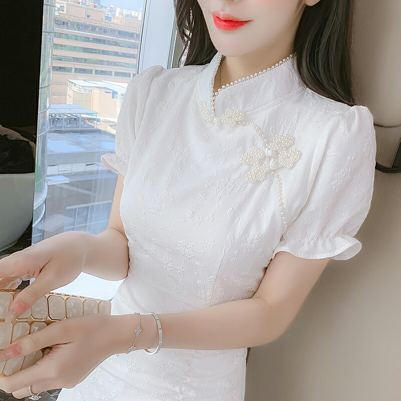 改良旗袍白色2022年新款年輕款女裝夏季法式短款小子連衣裙短袖