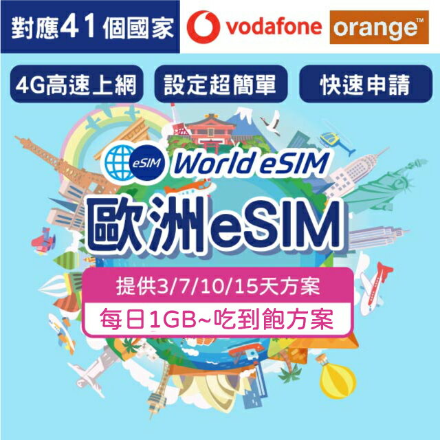【GLOBAL WiFi】歐洲41國 eSIM 上網卡 3~15天 每日1GB~吃到飽10GB降速方案任你選 Vodafone・Orange電信 4G高速 歐洲上網漫遊卡