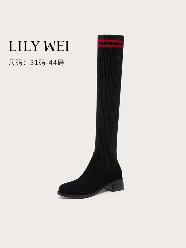 Lily Wei馬丁靴女2024秋冬新款長筒靴子時尚過膝煙筒靴大碼41-43