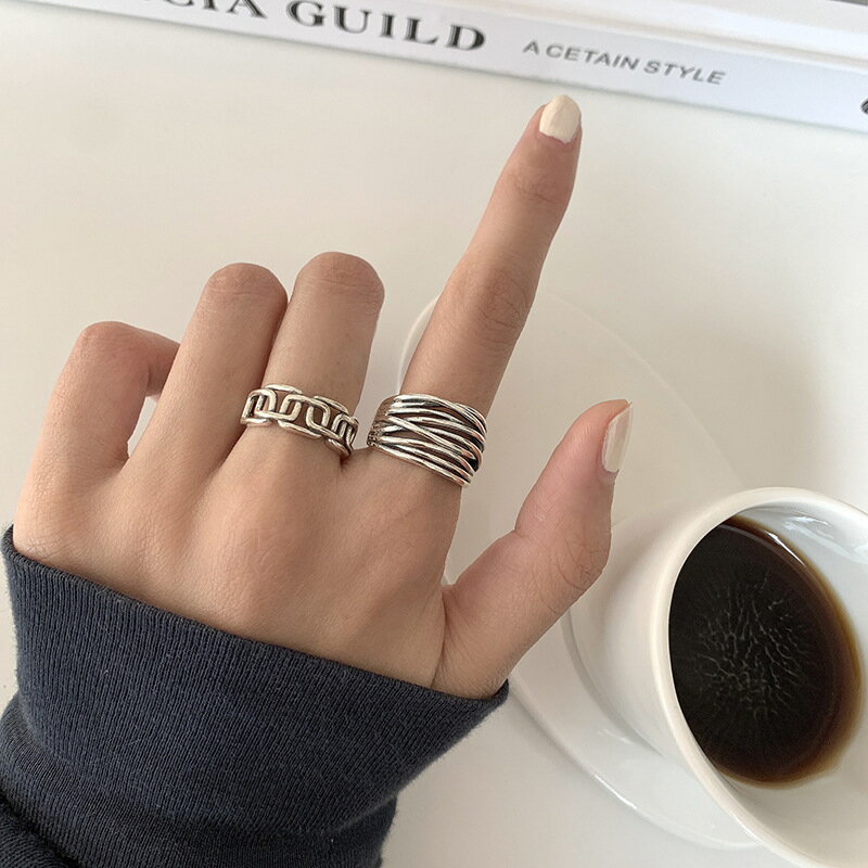 韓國925純銀交叉纏繞鏤空戒指女ins復古做舊泰銀食指開口線條指環