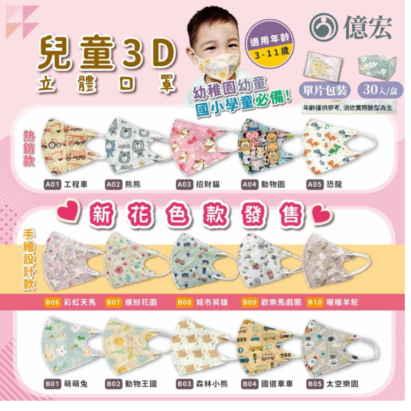 【億宏】幼童 兒童 3D 立體口罩｜獨立包裝｜醫療口罩｜台灣製/30入/隨機出貨