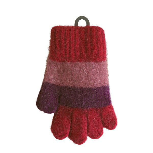 【兒童款】多彩條紋紐西蘭貂毛羊毛手套 超柔暖_深紅粉紅紫莓