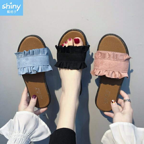 潮流春夏．時尚花邊外穿百搭防滑平底拖鞋- shiny藍格子【V8984】