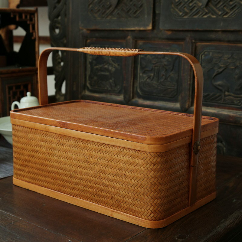 大漆竹編提盒收納盒 長方形茶具收納箱 復古竹編提籃帶蓋食盒手工