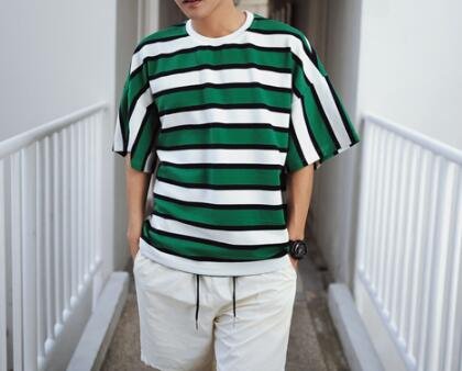 FINDSENSE MD 韓國 潮 男 時尚 寬鬆 拼色 五分袖落肩 寬條紋 短袖T恤 特色T恤