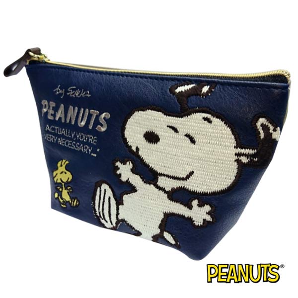 深藍款【日本進口正版】Snoopy 刺繡 船型 收納包 化妝包 筆袋 鉛筆盒 PEANUTS - 884288