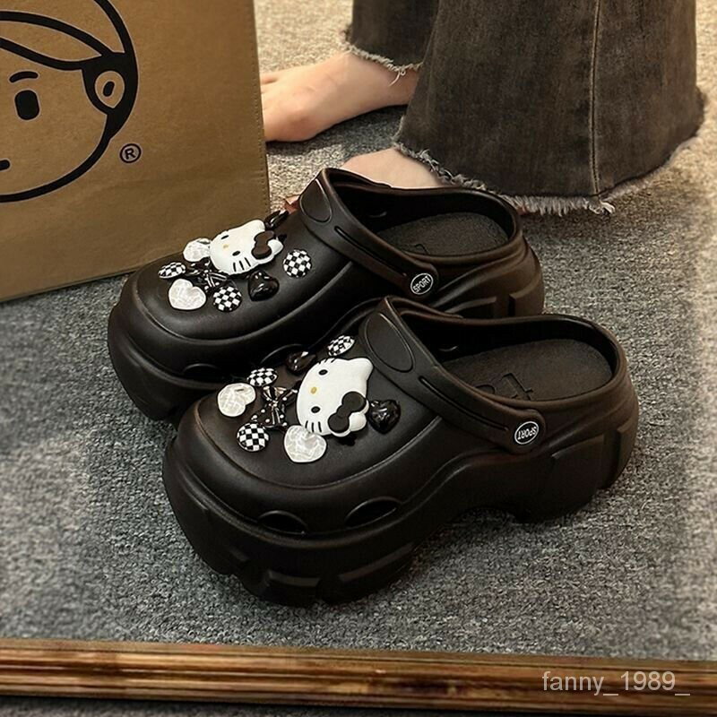 可愛厚底洞洞鞋女夏季卡通凱蒂貓增高防滑包頭沙灘外穿涼拖鞋