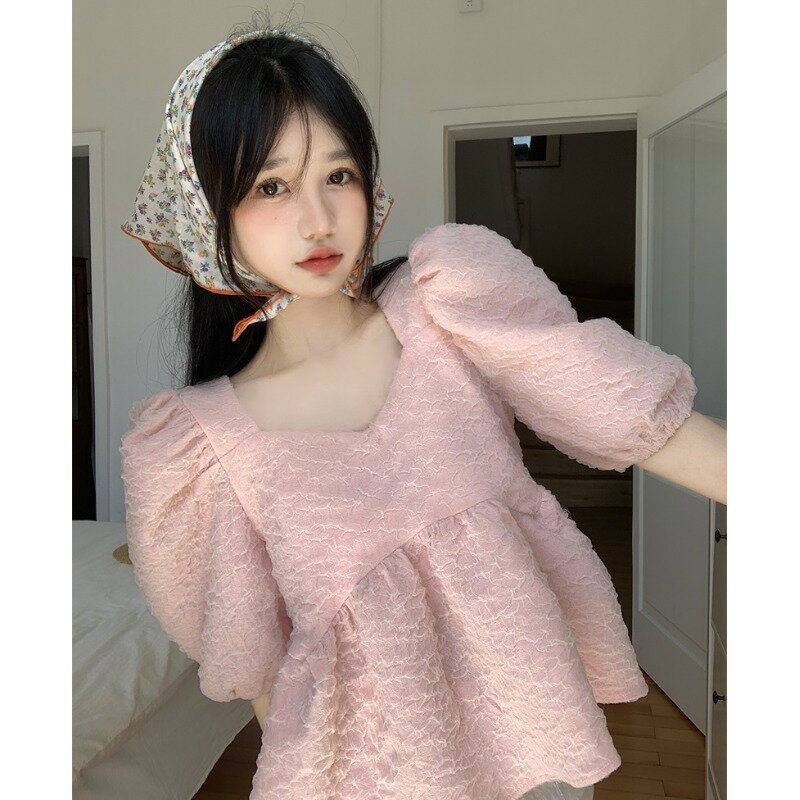 黛小姐：高階感名媛上衣夏季法式溫柔風氣質方領泡泡袖短袖襯衫女