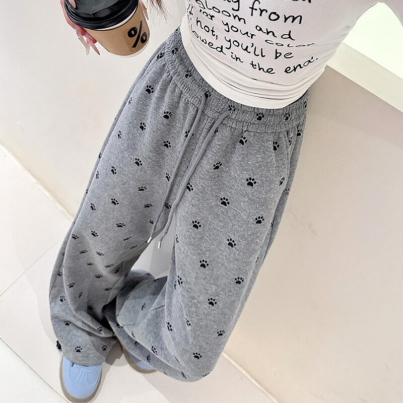 現貨+預購 美式高腰運動長褲大碼寬褲直筒褲子落地褲垮褲休閒女裝-碎花狗爪印女褲子1色74lz40【獨家進口】【米蘭精品】