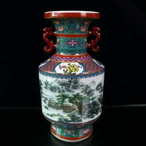 景德鎮陶瓷 雙耳瓶琺瑯彩花瓶 客廳家居裝飾品 古典山水花瓶擺件