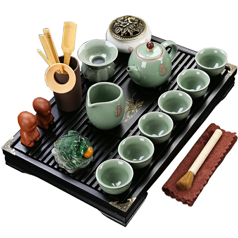 整套紫砂陶瓷功夫茶具套裝家用茶杯簡約辦公實木茶盤抽屜式茶臺