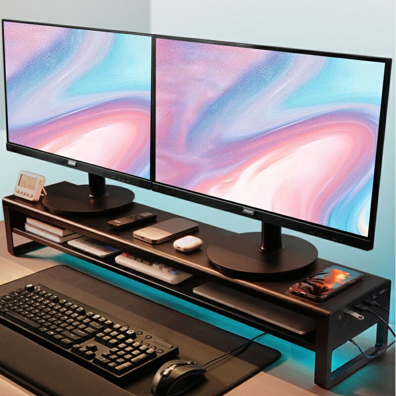鹿為 電腦增高架辦公室臺式雙顯示器加長屏幕桌面收納USB無線充電