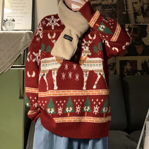 【免運】朝暮心居| 冬季圣誕節針織衫新款毛衣男潮流港風寬松慵懶套頭線衣情侶裝外套