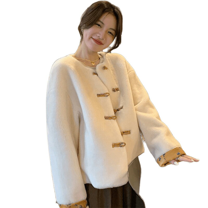 【紐約精品】 現貨+預購 真綿羊毛狐狸毛領毛衣秋冬外套寬鬆休閒女裝-圓領盤扣短款女外套2色n1ml35