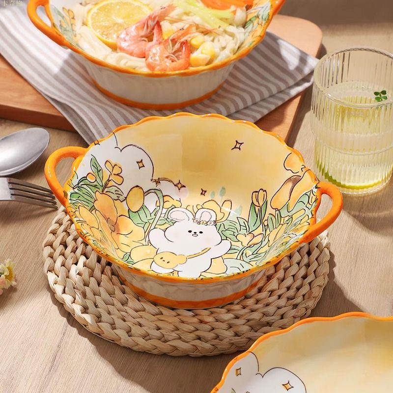 碗網紅高顏值家用泡麵碗雙耳碗創意卡通甜品碗可愛米飯碗陶瓷餐具