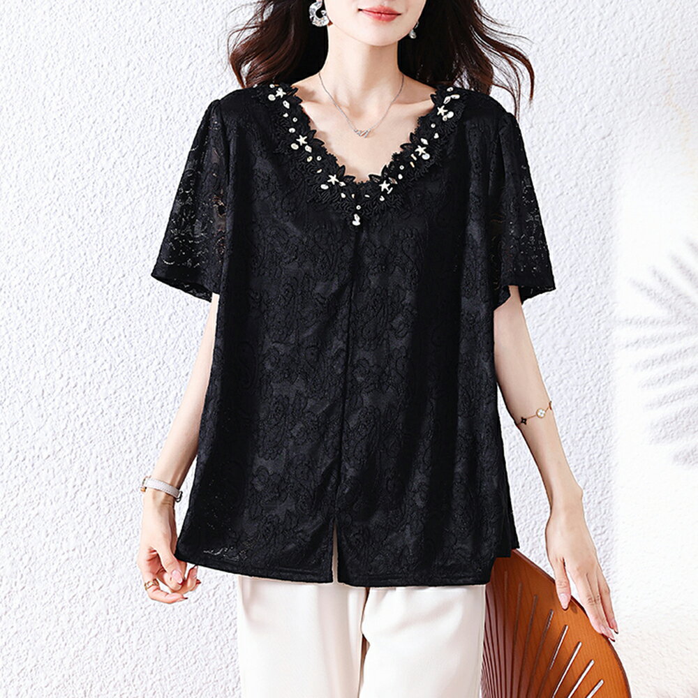 ＊ORead＊V領蕾絲上衣(黑色L~5XL)