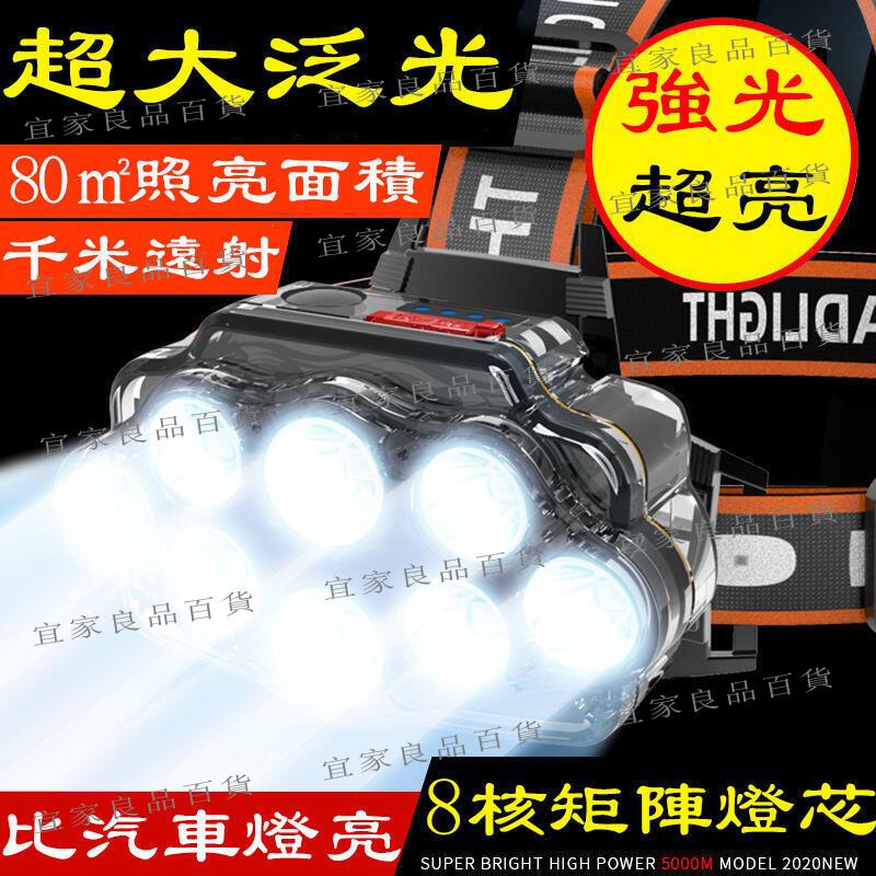 【宜家良品百貨】強光手電筒 八燈爆亮 超遠射 大泛光 大功率 LED頭燈充電 釣魚頭燈 登山燈 戶外燈 礦燈 探照燈 T