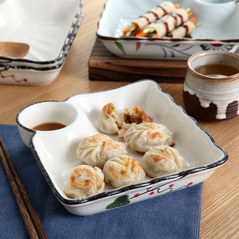 一人食餐具分格日式餃子盤帶醋碟創意陶瓷盤子早餐分格菜盤家用菜