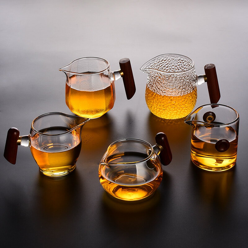 木把玻璃公道杯 日式側把耐熱加厚分茶器大號錘目紋 茶海茶具配件