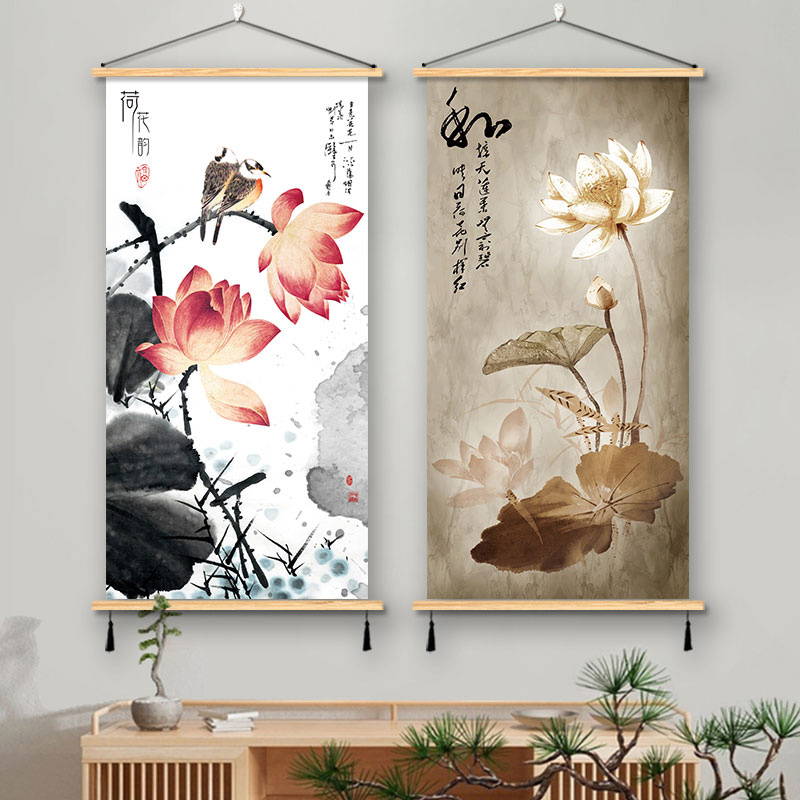 荷花新中式蓮花辦公室書房裝飾畫玄關客廳掛畫布藝術背景墻畫壁畫