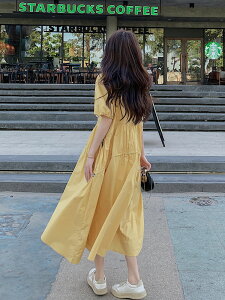 夏季高級感微胖遮肉顯瘦長裙小眾獨特別致設計感黃色襯衫連身裙女