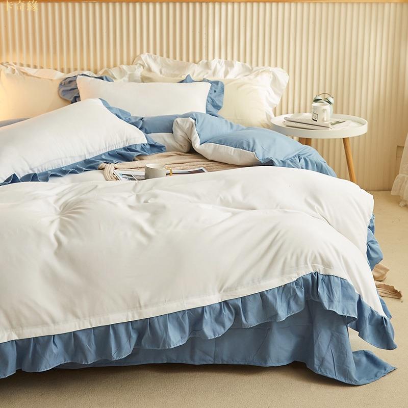 韓系 ins風 白色被套 組合 藍色大花邊 床包四件組 雙人床包 床罩 簡約 北歐 床包枕套被套 單人雙人
