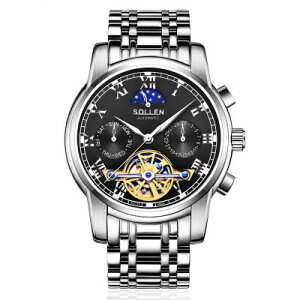 美琪 (簡約時尚)歐系鏤空陀飛輪全自動機械表기계식 시계夜光防水鋼帶手錶