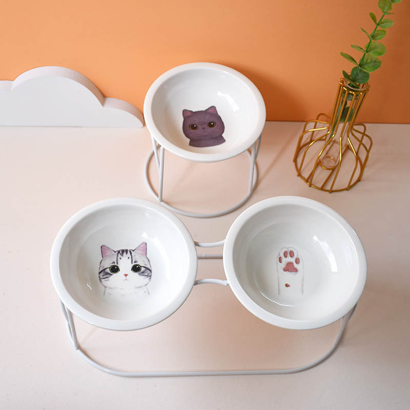 貓碗高腳陶瓷斜口保護頸椎鐵架貓食盆可愛防打翻雙碗貓糧盆寵物碗