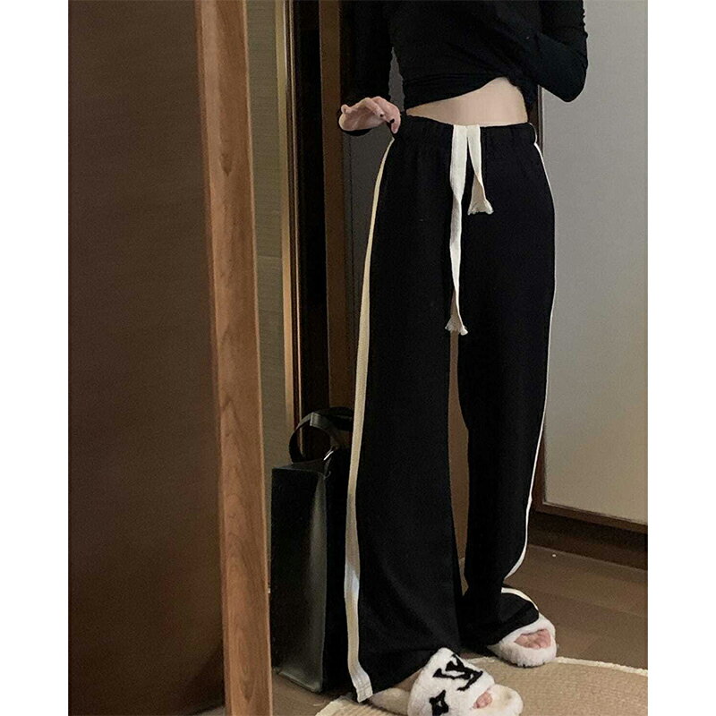 高街ins設計感小眾寬松黑色拖地褲女春秋闊腿褲抽繩垂感直筒長褲