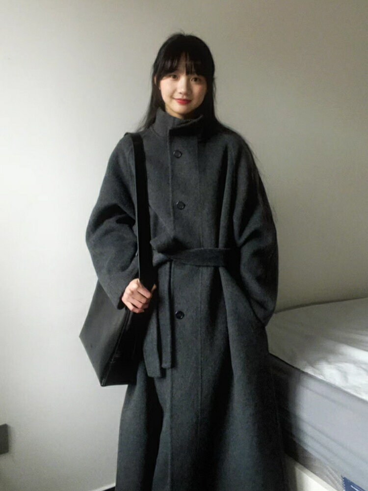 灰色高階感呢子大衣女2024年秋冬季新款毛呢外套小個子韓系中長款【淘夢屋】