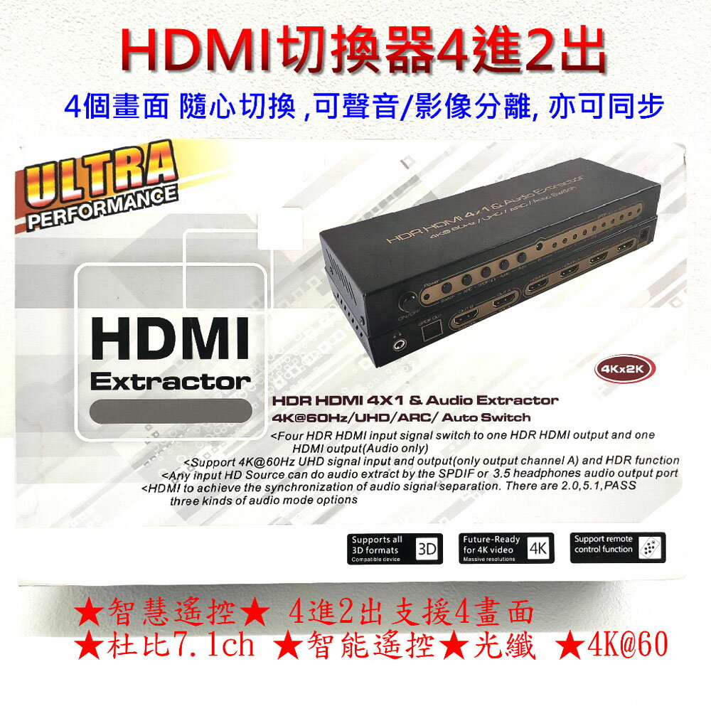 AIS 艾森 HDR HDMI 2.0版 4X1 &音頻分離器 ARC音頻回傳杜比 7.1ch 音頻輸出 4K 4進2出支援4畫面 _GG2