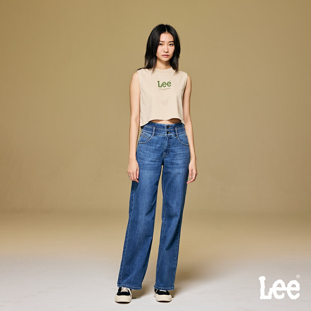 Lee 女款 428 雙扣褲頭 口帶金屬LOGO 粉色皮牌 高腰舒適直筒牛仔褲 10.5oz | Modern