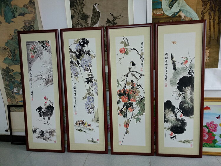 陳葆棣花鳥四條屏四尺對開水墨畫高清復制畫客廳玄關酒店裝飾畫| 協貿
